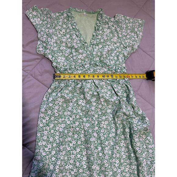 Women V Neck Ruffle Short Sleeve Floral Print Midi Dress Green Large - Picture 5 of 8